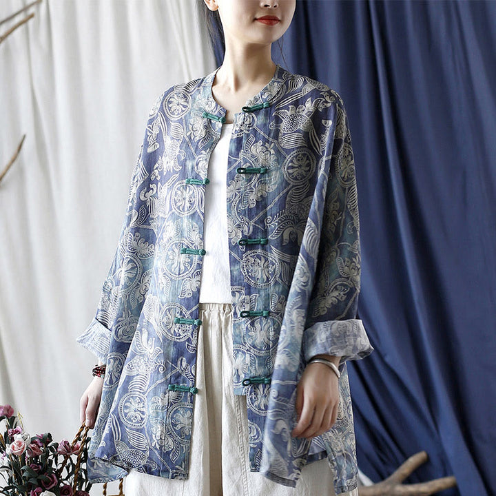 Buddha Stones Pájaros Flores Geometría Rana Botón Manga Larga Ramio Lino Chaqueta Camisa