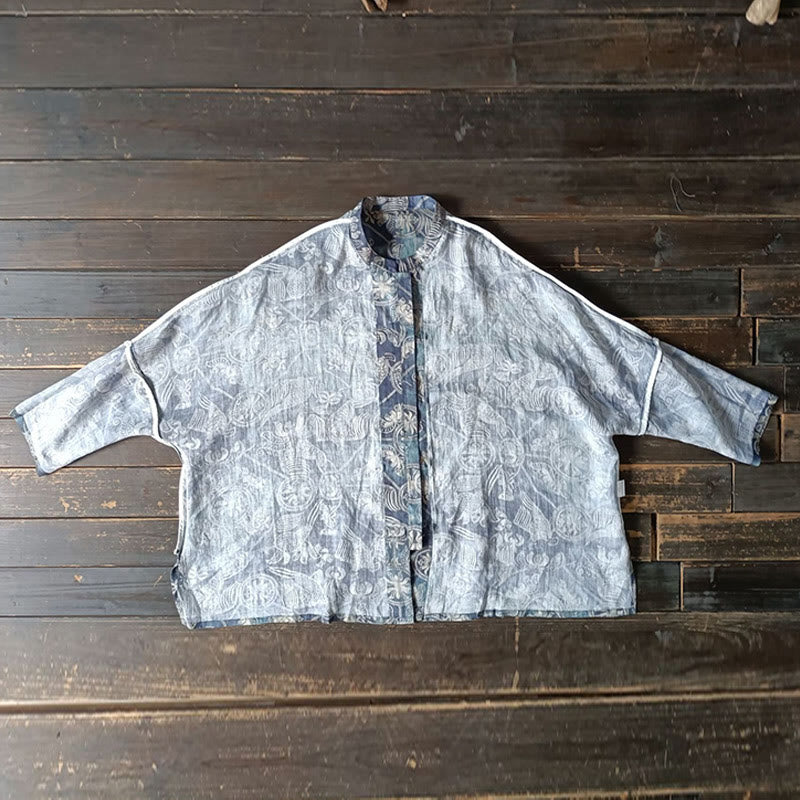 Buddha Stones Pájaros Flores Geometría Rana Botón Manga Larga Ramio Lino Chaqueta Camisa