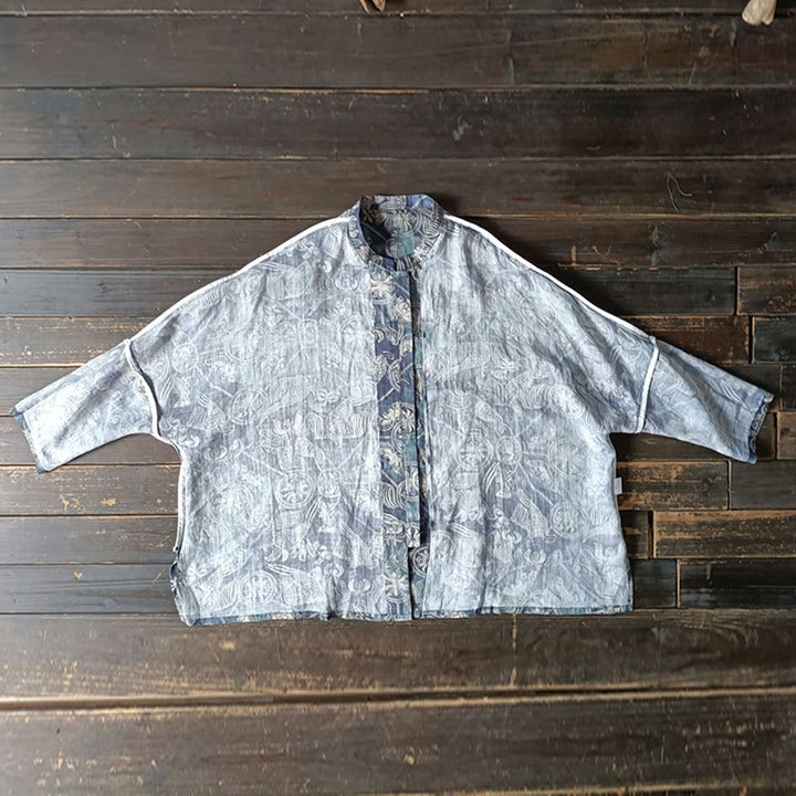Buddha Stones Pájaros Flores Geometría Rana Botón Manga Larga Ramio Lino Chaqueta Camisa