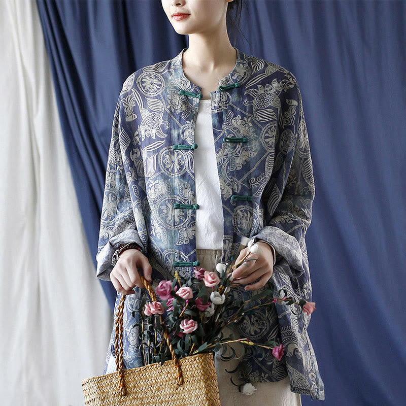 Buddha Stones Pájaros Flores Geometría Rana Botón Manga Larga Ramio Lino Chaqueta Camisa