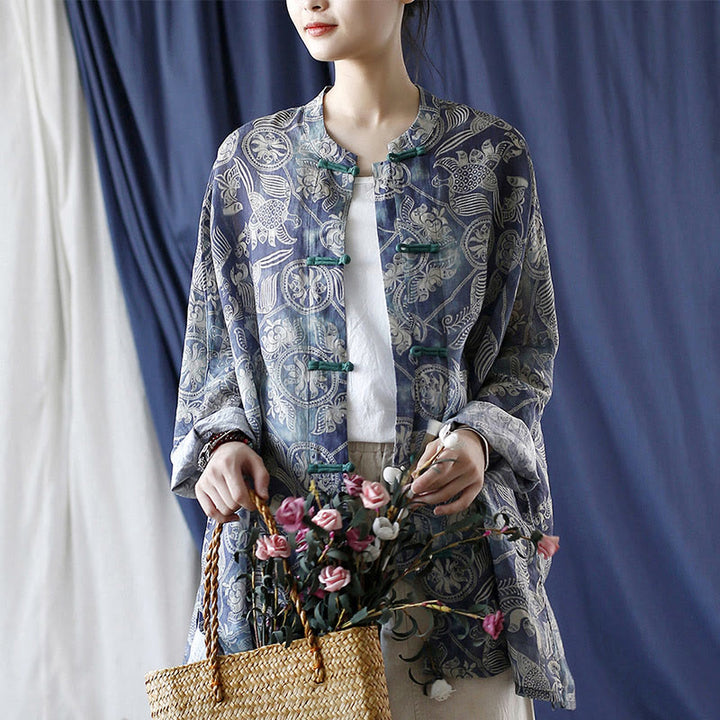 Buddha Stones Pájaros Flores Geometría Rana Botón Manga Larga Ramio Lino Chaqueta Camisa