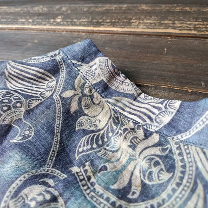 Buddha Stones Pájaros Flores Geometría Rana Botón Manga Larga Ramio Lino Chaqueta Camisa