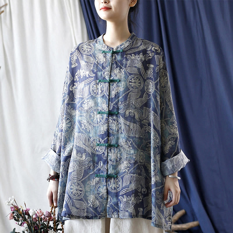 Buddha Stones Pájaros Flores Geometría Rana Botón Manga Larga Ramio Lino Chaqueta Camisa