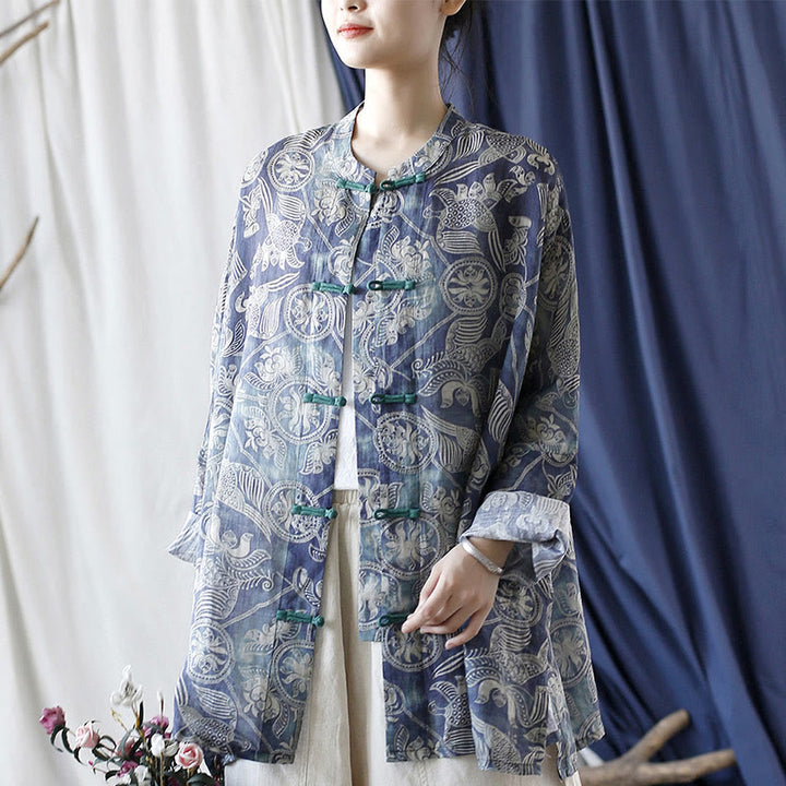 Buddha Stones Pájaros Flores Geometría Rana Botón Manga Larga Ramio Lino Chaqueta Camisa