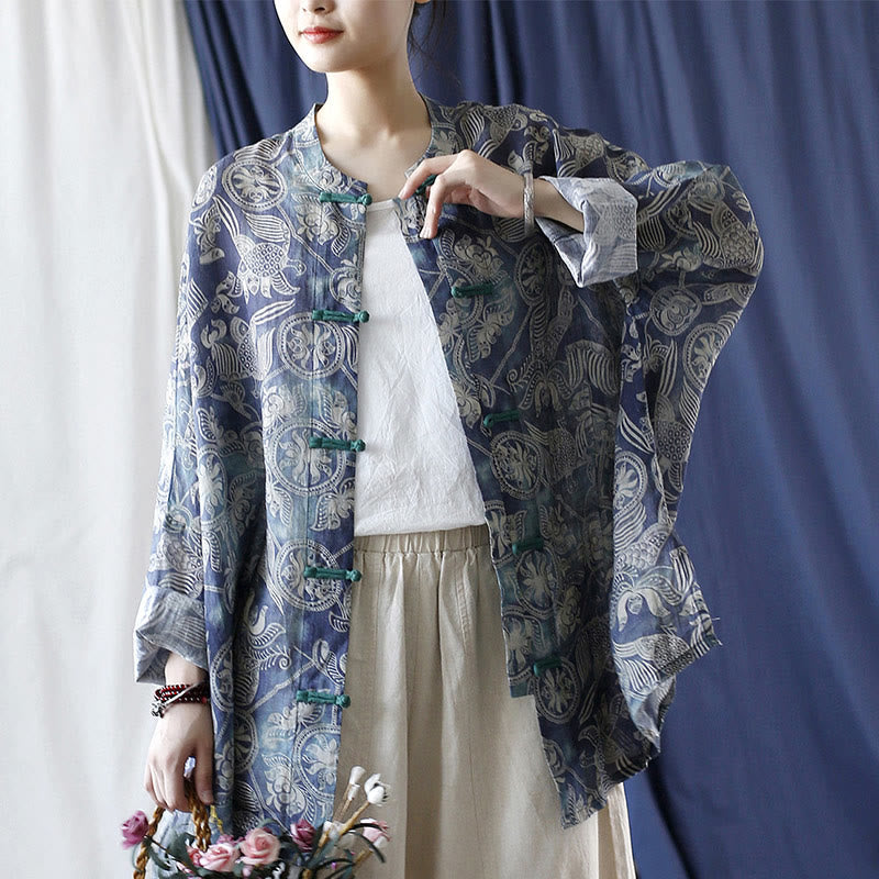Buddha Stones Pájaros Flores Geometría Rana Botón Manga Larga Ramio Lino Chaqueta Camisa