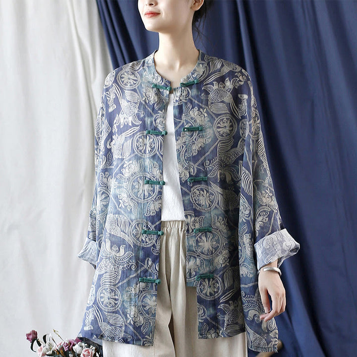 Buddha Stones Pájaros Flores Geometría Rana Botón Manga Larga Ramio Lino Chaqueta Camisa