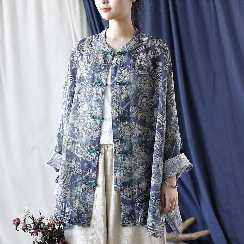 Buddha Stones Pájaros Flores Geometría Rana Botón Manga Larga Ramio Lino Chaqueta Camisa