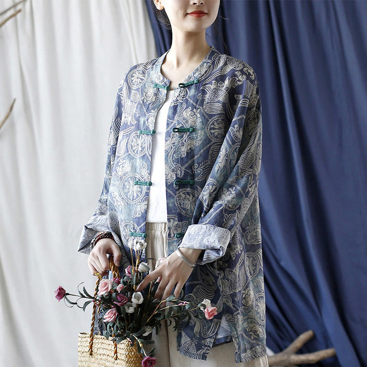 Buddha Stones Pájaros Flores Geometría Rana Botón Manga Larga Ramio Lino Chaqueta Camisa