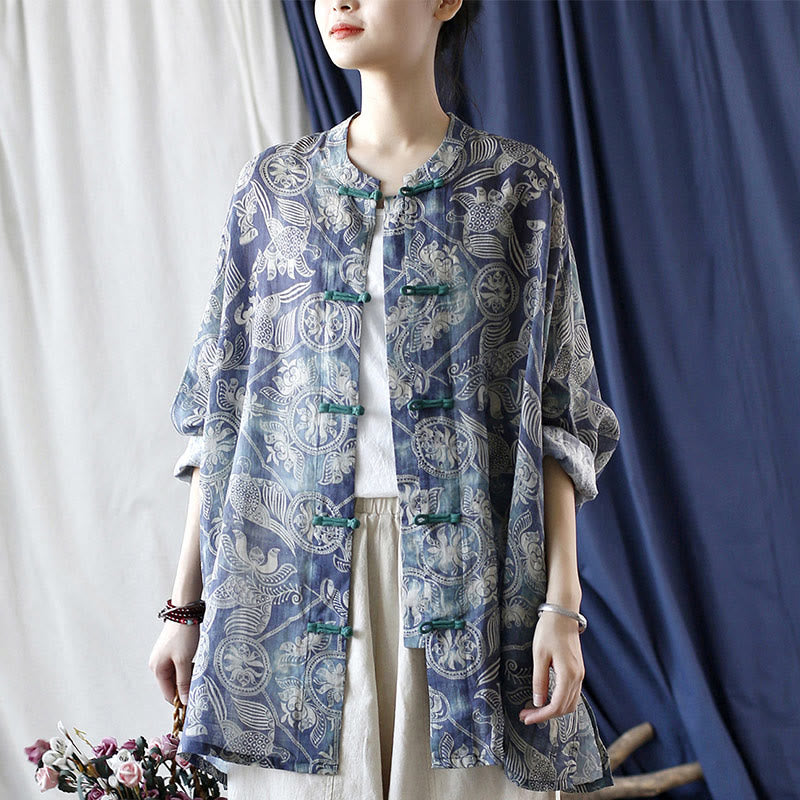 Buddha Stones Pájaros Flores Geometría Rana Botón Manga Larga Ramio Lino Chaqueta Camisa