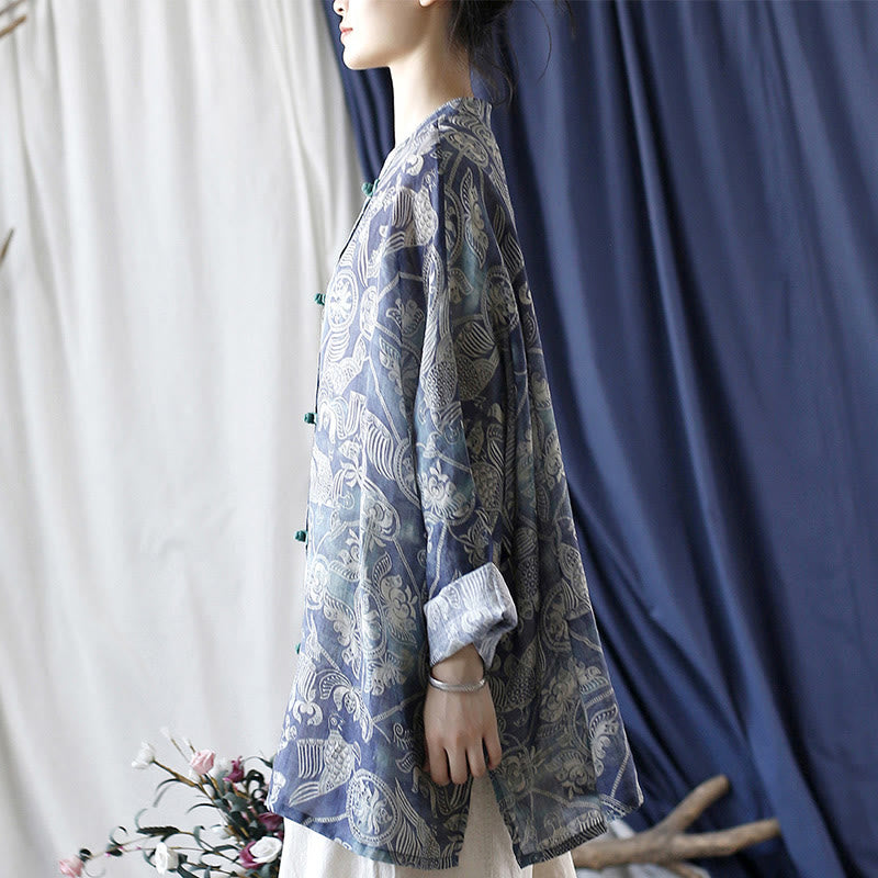 Buddha Stones Pájaros Flores Geometría Rana Botón Manga Larga Ramio Lino Chaqueta Camisa