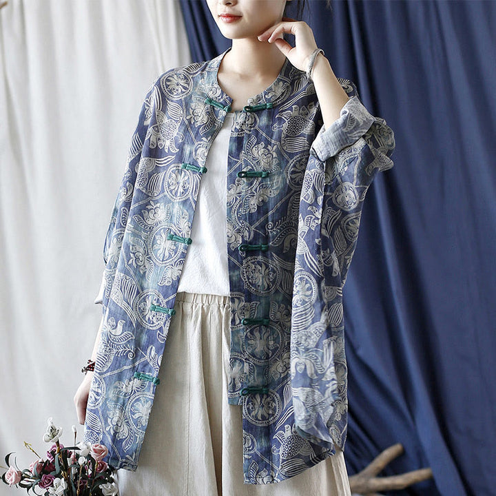 Buddha Stones Pájaros Flores Geometría Rana Botón Manga Larga Ramio Lino Chaqueta Camisa