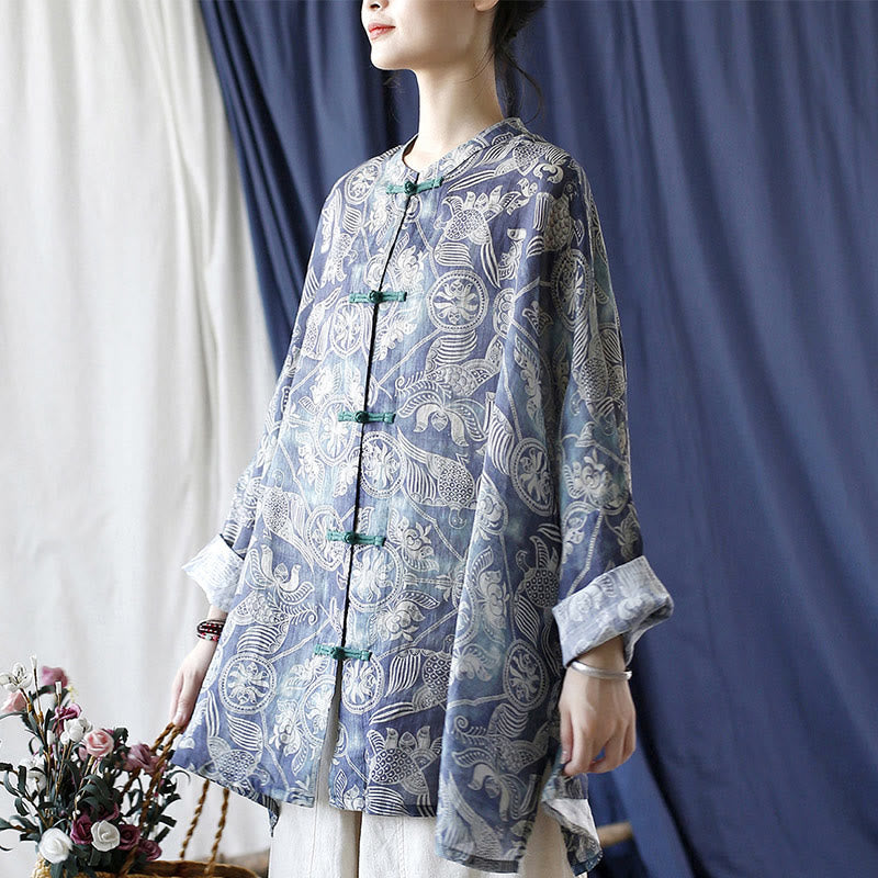 Buddha Stones Pájaros Flores Geometría Rana Botón Manga Larga Ramio Lino Chaqueta Camisa