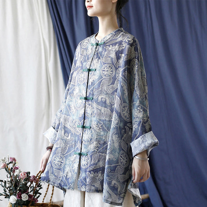 Buddha Stones Pájaros Flores Geometría Rana Botón Manga Larga Ramio Lino Chaqueta Camisa