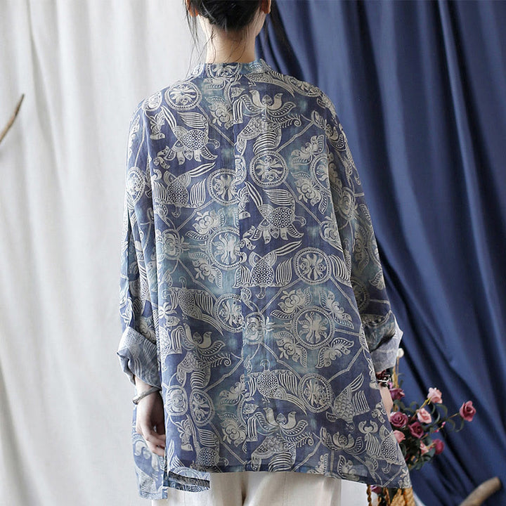 Buddha Stones Pájaros Flores Geometría Rana Botón Manga Larga Ramio Lino Chaqueta Camisa
