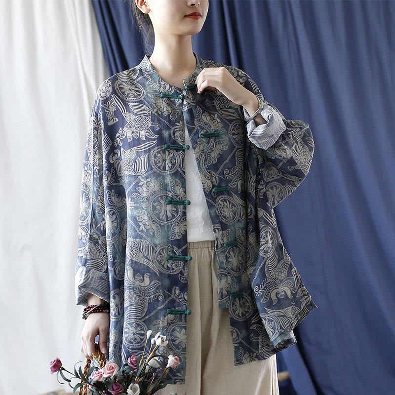 Buddha Stones Pájaros Flores Geometría Rana Botón Manga Larga Ramio Lino Chaqueta Camisa