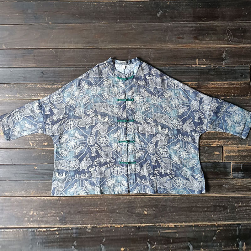 Buddha Stones Pájaros Flores Geometría Rana Botón Manga Larga Ramio Lino Chaqueta Camisa