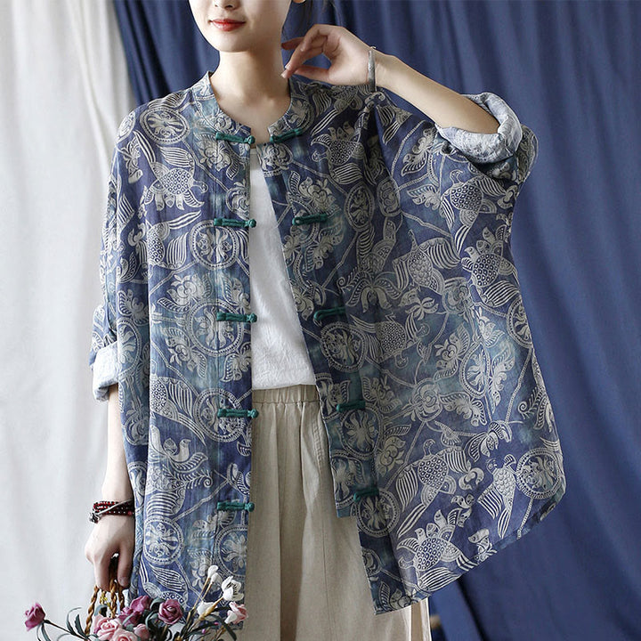 Buddha Stones Pájaros Flores Geometría Rana Botón Manga Larga Ramio Lino Chaqueta Camisa