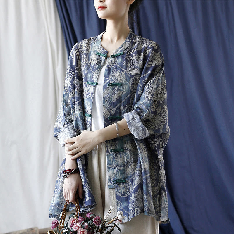 Buddha Stones Pájaros Flores Geometría Rana Botón Manga Larga Ramio Lino Chaqueta Camisa