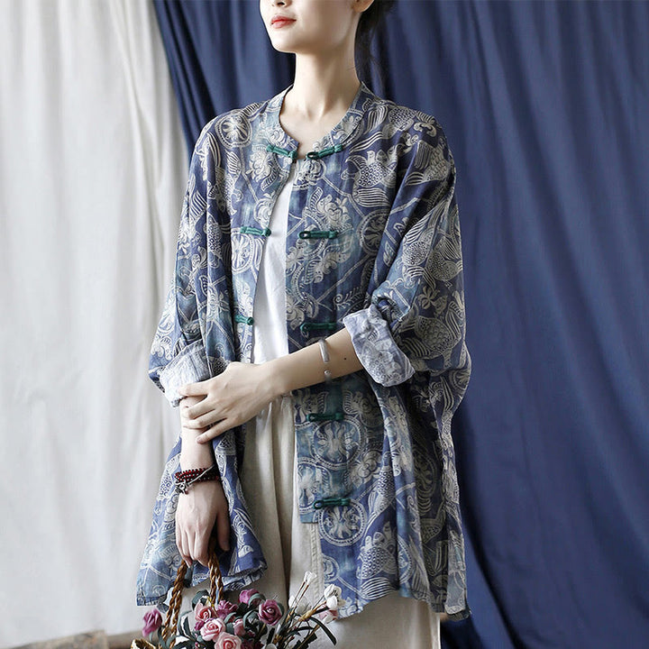 Buddha Stones Pájaros Flores Geometría Rana Botón Manga Larga Ramio Lino Chaqueta Camisa