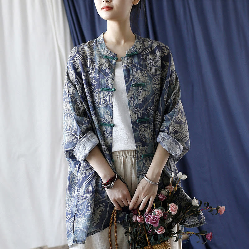 Buddha Stones Pájaros Flores Geometría Rana Botón Manga Larga Ramio Lino Chaqueta Camisa
