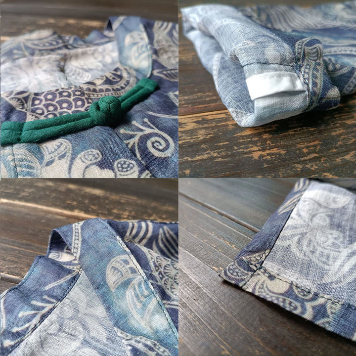 Buddha Stones Pájaros Flores Geometría Rana Botón Manga Larga Ramio Lino Chaqueta Camisa