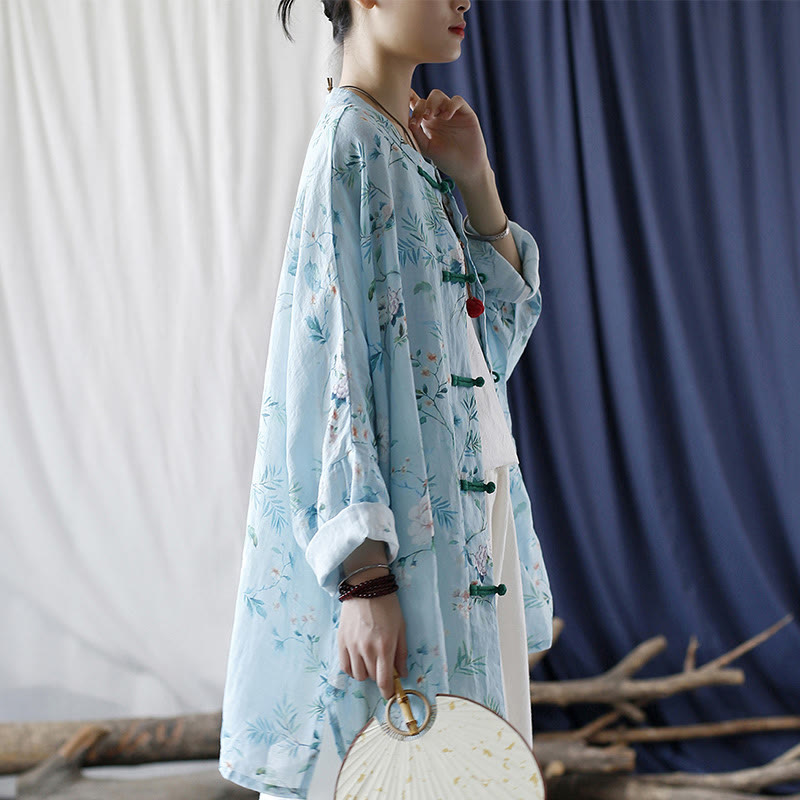 Buddha Stones Verde claro Flores rosas Hojas verdes Botón de rana Camisa de chaqueta de lino de ramio de manga larga - image 5