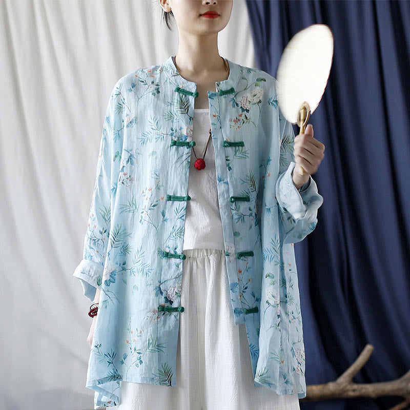 Buddha Stones Verde claro Flores rosas Hojas verdes Botón de rana Camisa de chaqueta de lino de ramio de manga larga - image 26