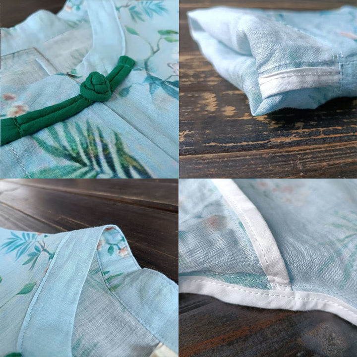 Buddha Stones Verde claro Flores rosas Hojas verdes Botón de rana Camisa de chaqueta de lino de ramio de manga larga - image 9