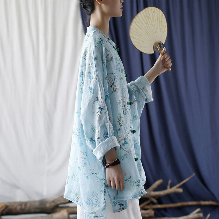 Buddha Stones Verde claro Flores rosas Hojas verdes Botón de rana Camisa de chaqueta de lino de ramio de manga larga - image 2