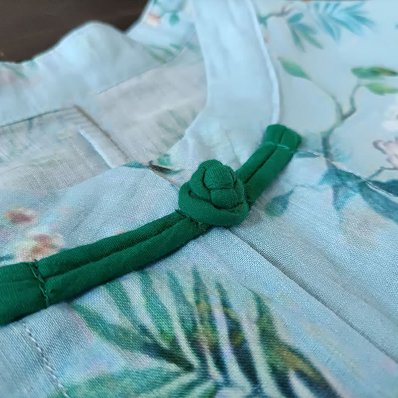 Buddha Stones Verde claro Flores rosas Hojas verdes Botón de rana Camisa de chaqueta de lino de ramio de manga larga