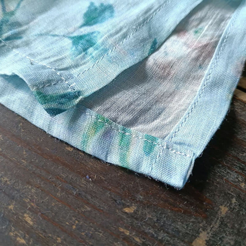 Buddha Stones Verde claro Flores rosas Hojas verdes Botón de rana Camisa de chaqueta de lino de ramio de manga larga - image 15