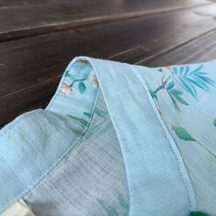 Buddha Stones Verde claro Flores rosas Hojas verdes Botón de rana Camisa de chaqueta de lino de ramio de manga larga - image 11