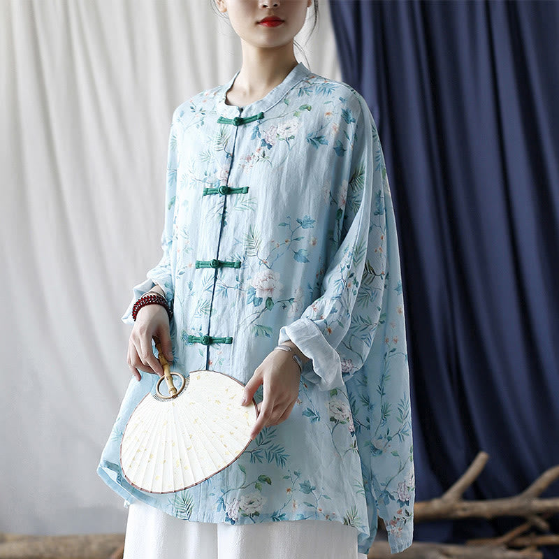 Buddha Stones Verde claro Flores rosas Hojas verdes Botón de rana Camisa de chaqueta de lino de ramio de manga larga - image 29