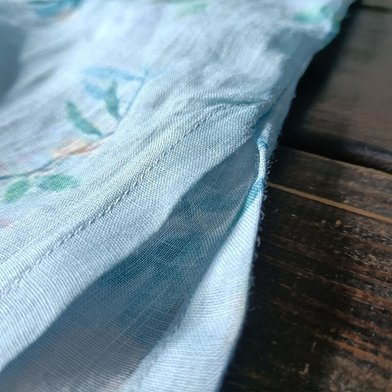 Buddha Stones Verde claro Flores rosas Hojas verdes Botón de rana Camisa de chaqueta de lino de ramio de manga larga - image 14