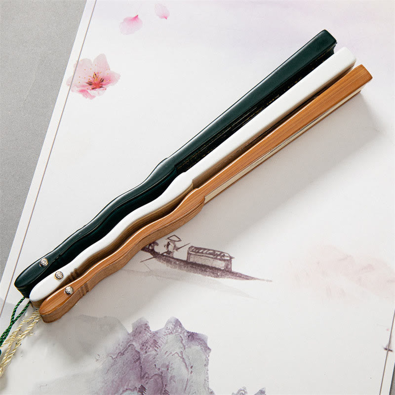 Abanico plegable de bambú de seda de mano con Buddha Stones voladoras, grúa blanca, nube solar, 22cm - image 9