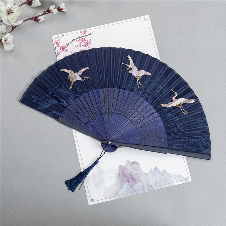 Abanico plegable de bambú de seda de mano con Buddha Stones, grulla, libélula, loto, peonía, flor de ciruelo, mariposa, 22,5 cm