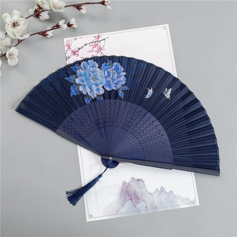 Abanico plegable de bambú de seda de mano con Buddha Stones, grulla, libélula, loto, peonía, flor de ciruelo, mariposa, 22,5 cm