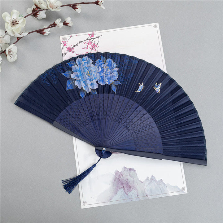 Abanico plegable de bambú de seda de mano con Buddha Stones, grulla, libélula, loto, peonía, flor de ciruelo, mariposa, 22,5 cm
