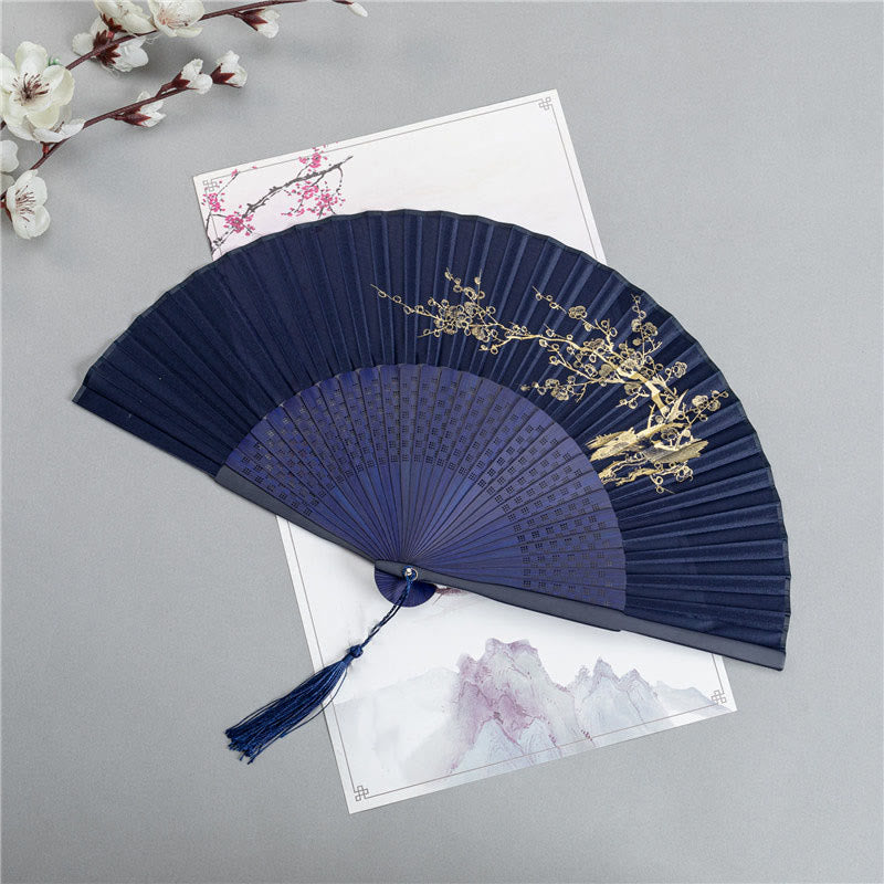 Abanico plegable de bambú de seda de mano con Buddha Stones, grulla, libélula, loto, peonía, flor de ciruelo, mariposa, 22,5 cm