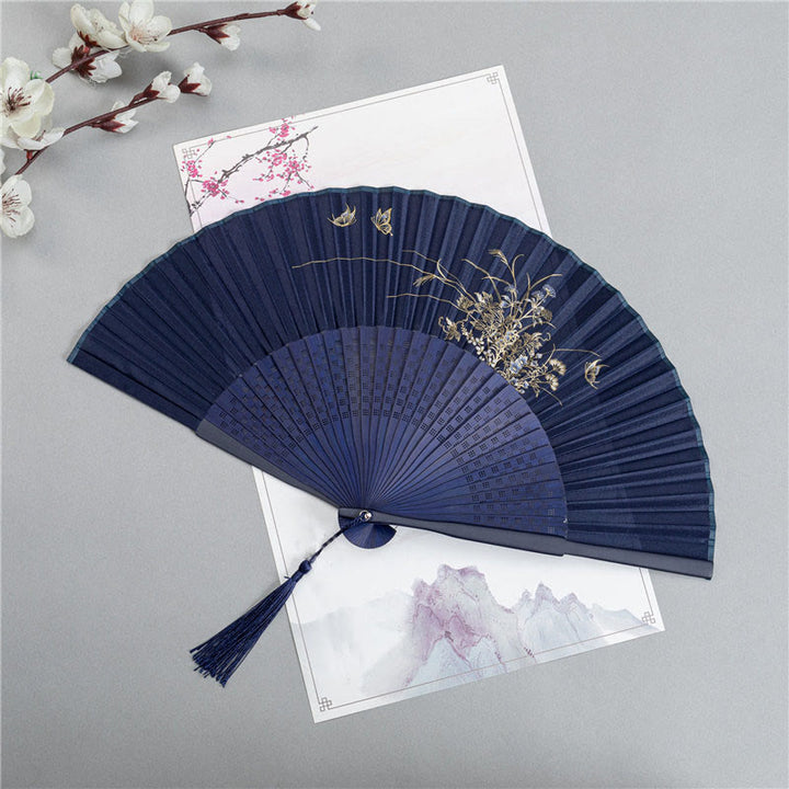Abanico plegable de bambú de seda de mano con Buddha Stones, grulla, libélula, loto, peonía, flor de ciruelo, mariposa, 22,5 cm