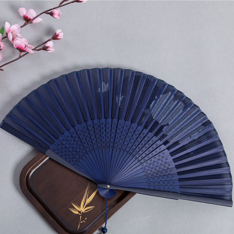 Abanico plegable de bambú de seda de mano con Buddha Stones, grulla, libélula, loto, peonía, flor de ciruelo, mariposa, 22,5 cm