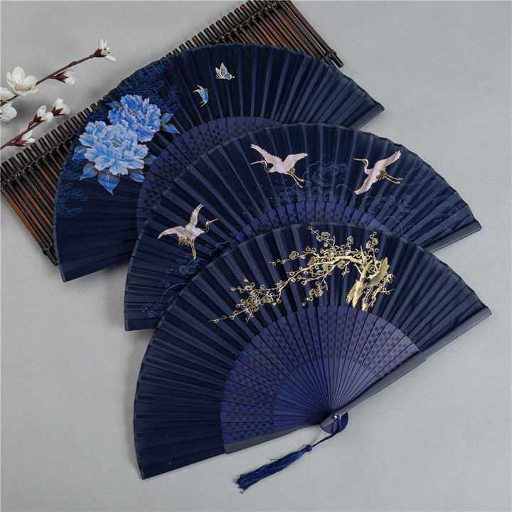 Abanico plegable de bambú de seda de mano con Buddha Stones, grulla, libélula, loto, peonía, flor de ciruelo, mariposa, 22,5 cm