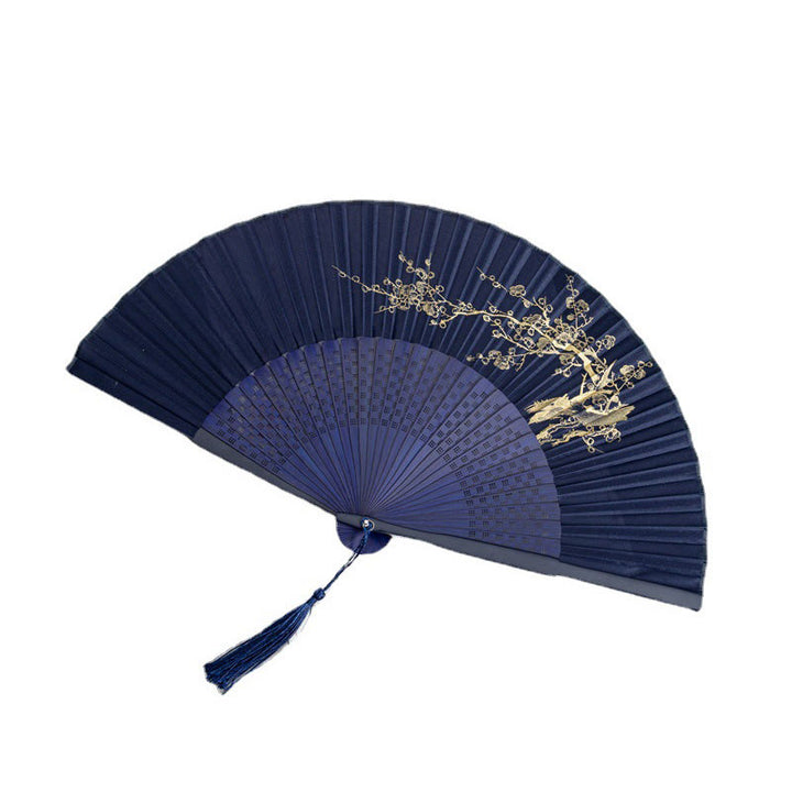 Abanico plegable de bambú de seda de mano con Buddha Stones, grulla, libélula, loto, peonía, flor de ciruelo, mariposa, 22,5 cm