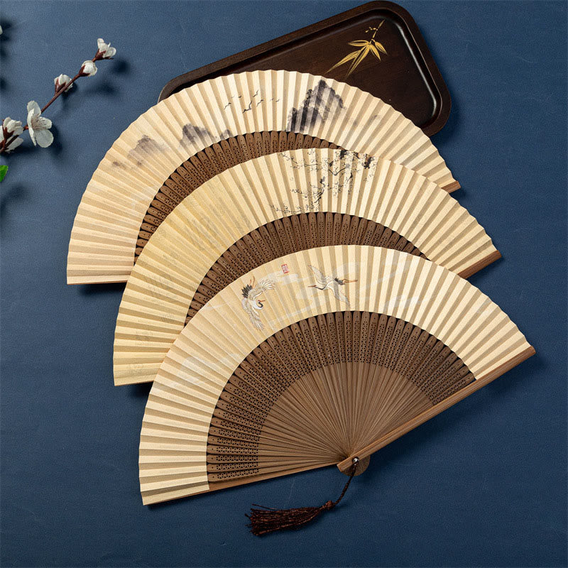 Abanico plegable de bambú de seda de mano con Buddha Stones , libélula de loto, gansos salvajes, flor de ciruelo, 22,5 cm - image 11