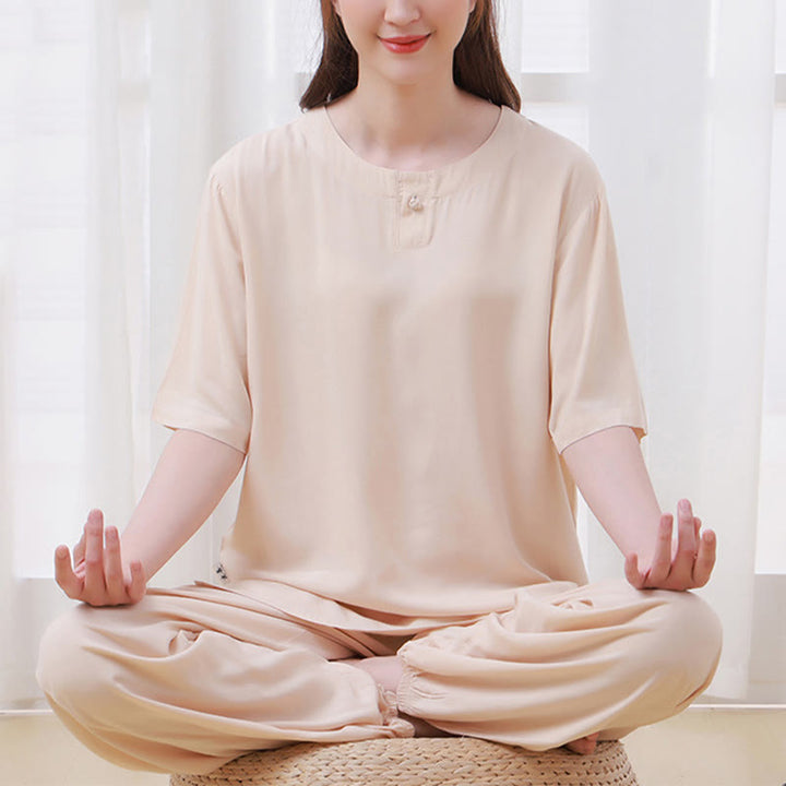 Buddha Stones - Conjunto unisex de 2 piezas de camiseta de media manga y pantalones de meditación Zen Tai Chi de algodón y lino - Caqui (Camiseta y pantalón) - US14, UK/AU18, EU46 (4XL) - image 0