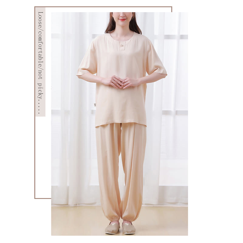Buddha Stones - Conjunto unisex de 2 piezas de camiseta de media manga y pantalones de meditación Zen Tai Chi de algodón y lino