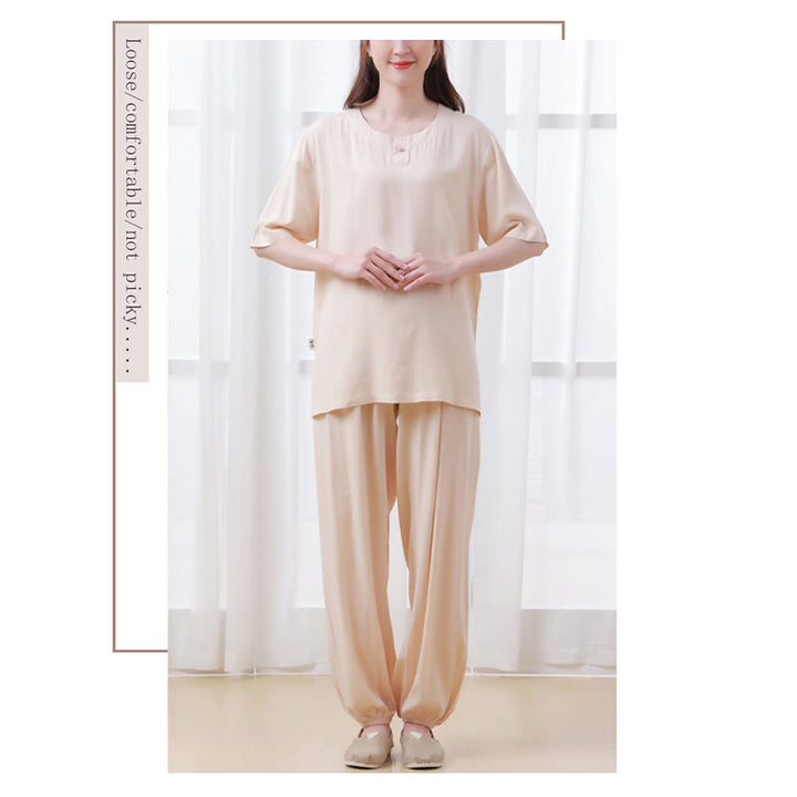 Buddha Stones - Conjunto unisex de 2 piezas de camiseta de media manga y pantalones de meditación Zen Tai Chi de algodón y lino