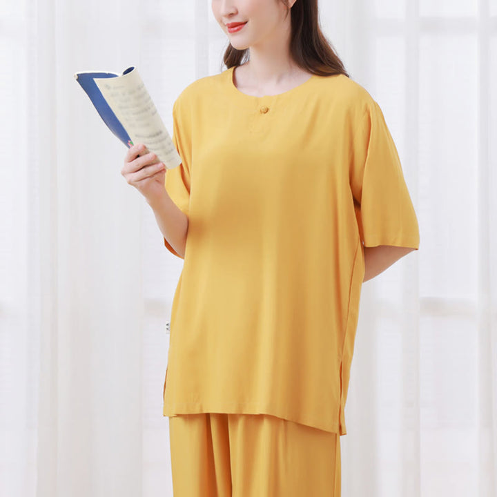 Buddha Stones - Conjunto unisex de 2 piezas de camiseta de media manga y pantalones de meditación Zen Tai Chi de algodón y lino - image 4