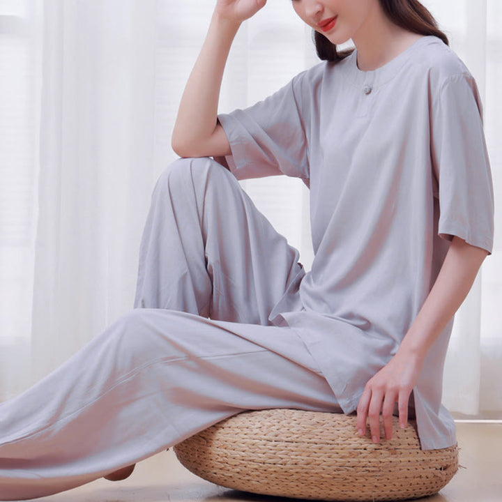 Buddha Stones - Conjunto unisex de 2 piezas de camiseta de media manga y pantalones de meditación Zen Tai Chi de algodón y lino