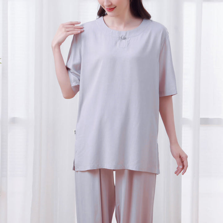 Buddha Stones - Conjunto unisex de 2 piezas de camiseta de media manga y pantalones de meditación Zen Tai Chi de algodón y lino